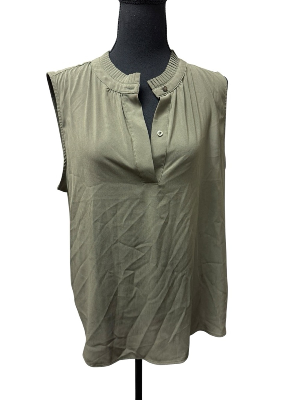 Calvin Klein Olive Green Sleeveless Blouse Pleated Neck XL Soft Chic Top